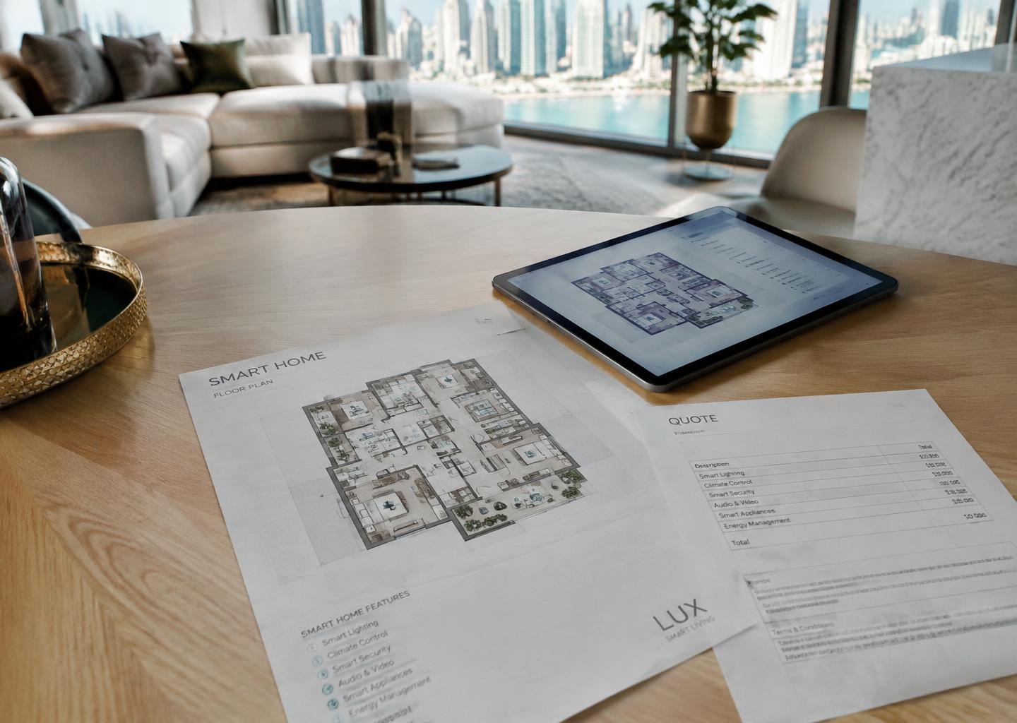 Smart-home design on a tablet in a Dubai apartment
