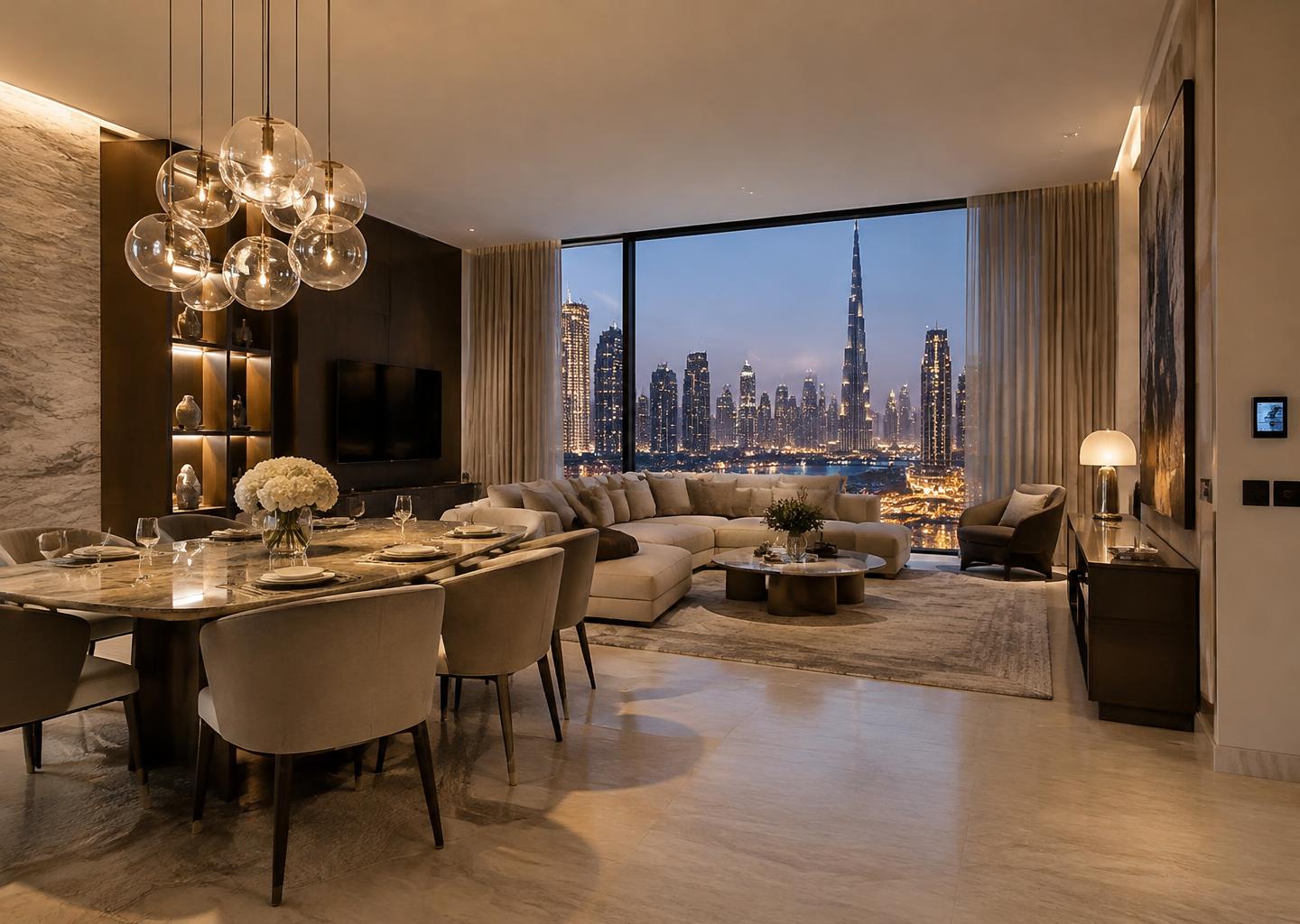 Illustrative Dubai smart-home living room with chandelier lighting